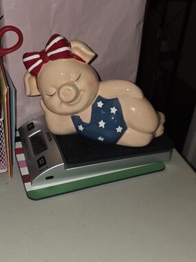 Ceramic Pig Figurine with Red Bow and Blue Star Swimsuit